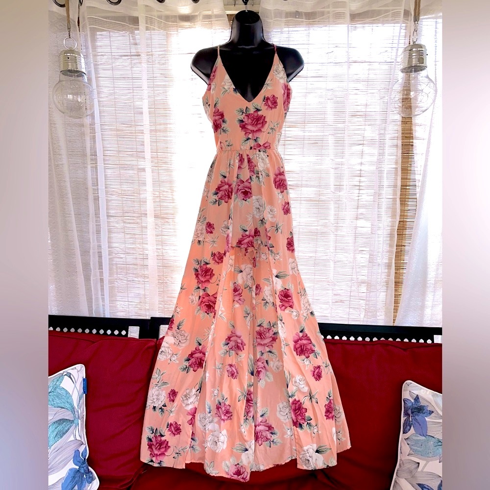 NWT Strappy Peach Floral Cami Maxi Romper Dress